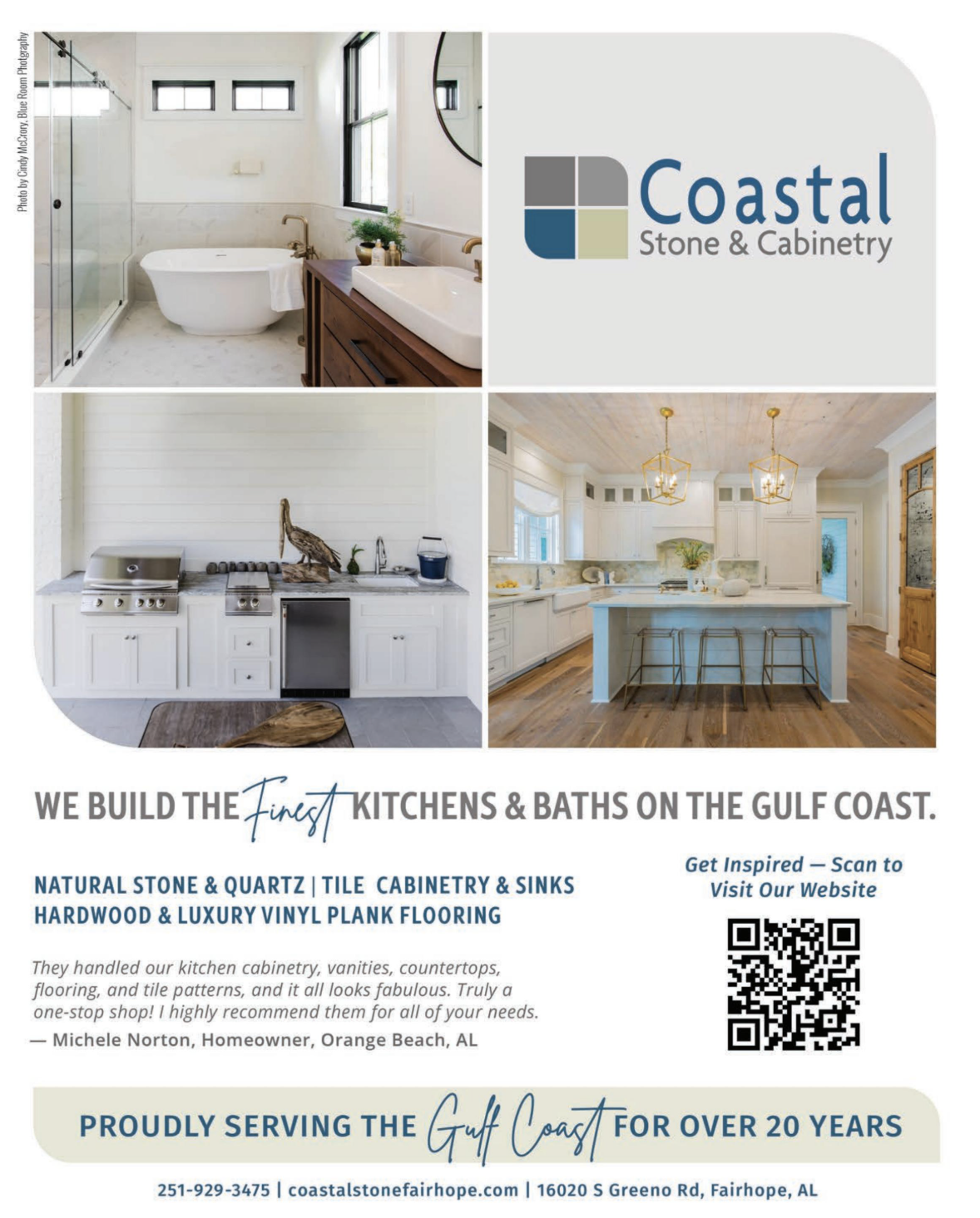 Coastal Stone & Cabinetry full page ad, Fairhope kitchens and baths