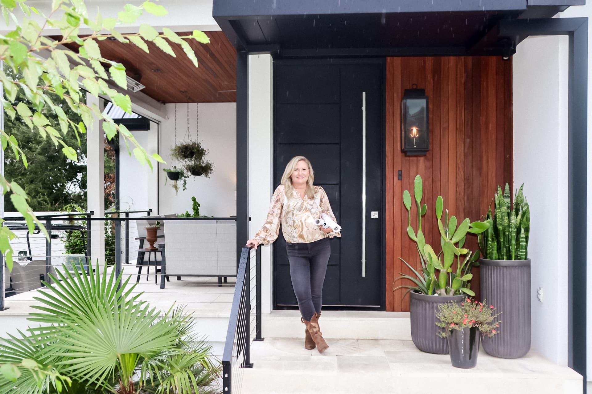 Homebuilder photographed on a modern front porch