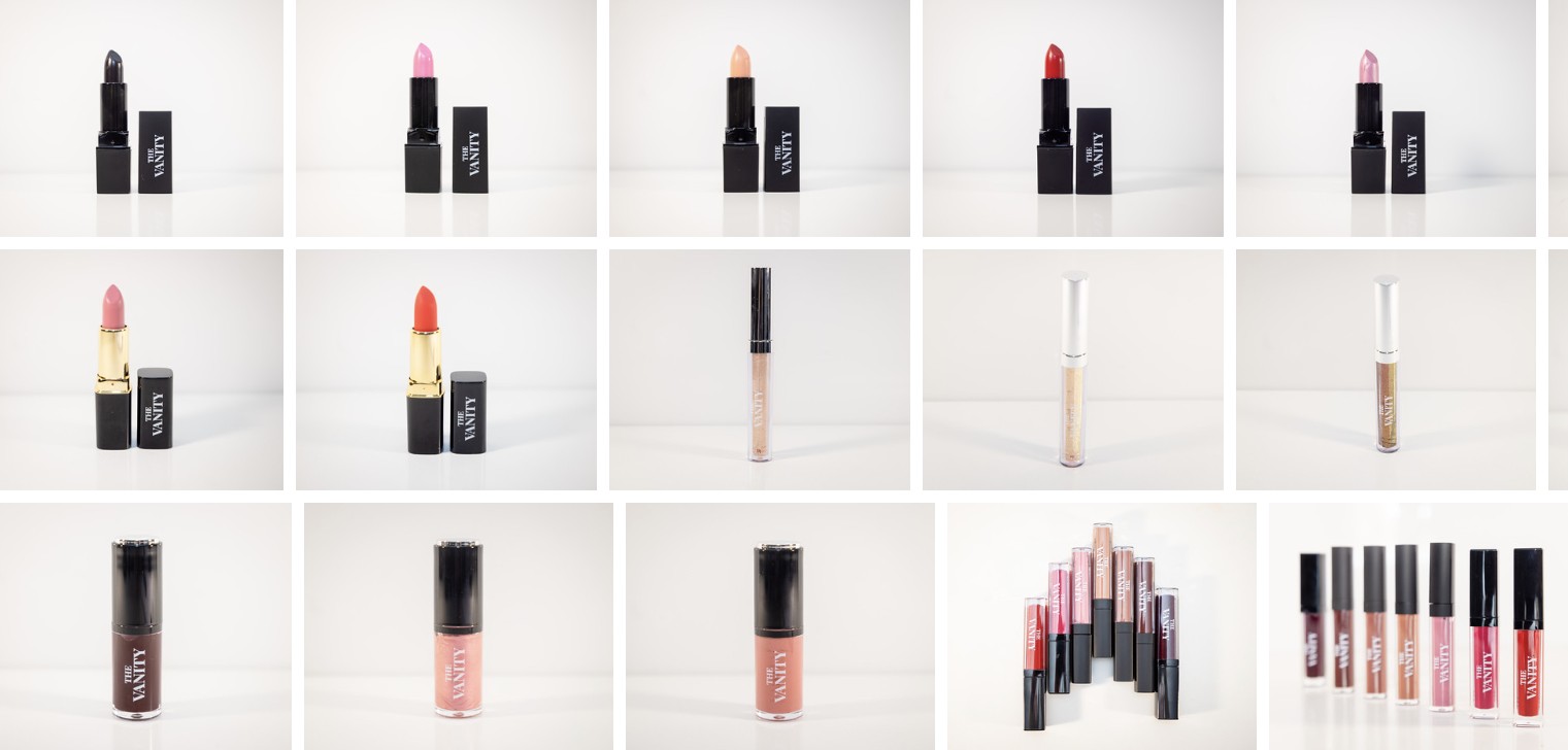 Collage of The Vanity lip cosmetics arranged in rows on white