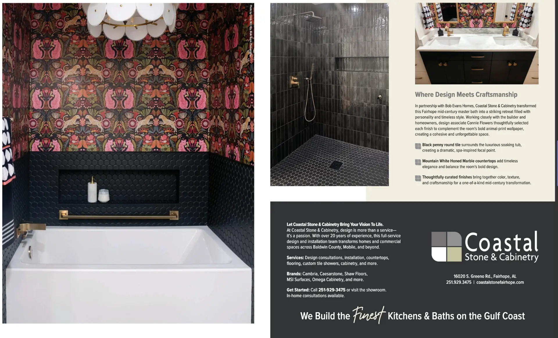 Coastal Stone & Cabinetry feature spread, bold Fairhope master bath