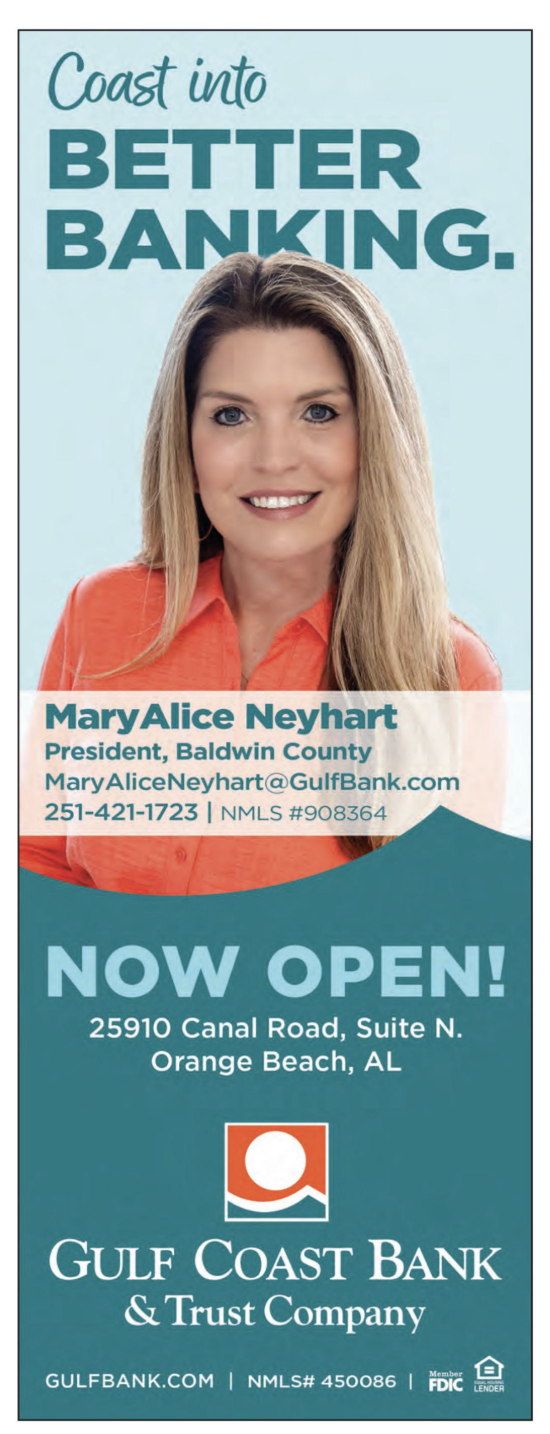 Gulf Coast Bank & Trust ad with MaryAlice Neyhart, Orange Beach