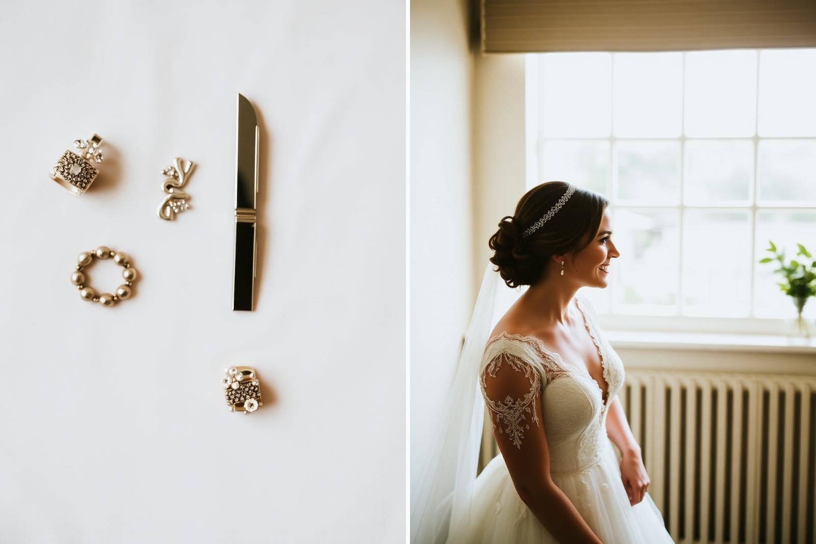 Bridal details and a bride getting ready by a window